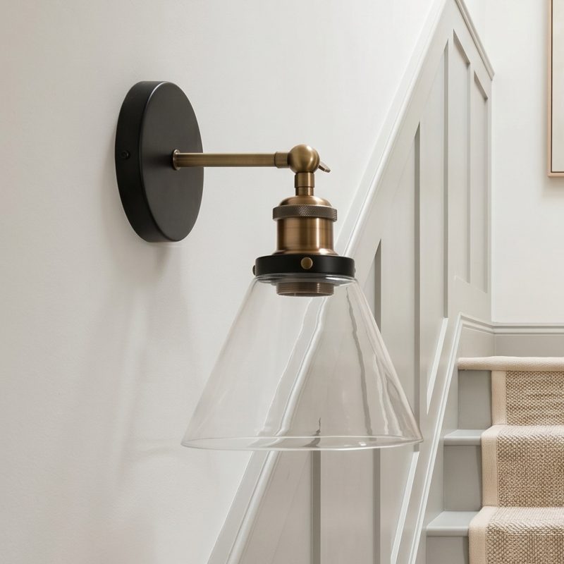 Industrial Factory Black And Brass Wall Light With Glass Shade Glass Shade UK
