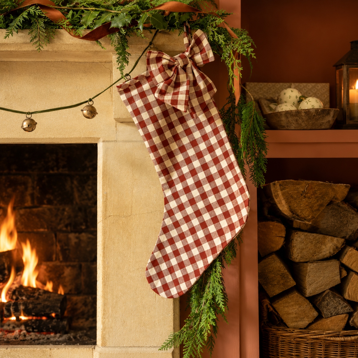 Pomegranate Red Gingham Cotton Christmas Stocking Christmas Stocking UK