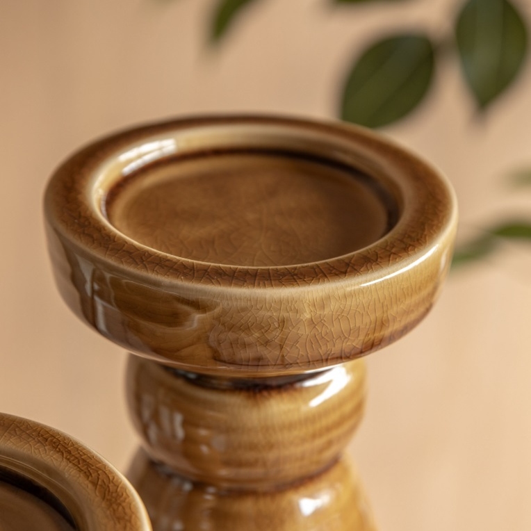 Winter Hearth Amber Crackle Glaze Candlestick - Large - Large UK